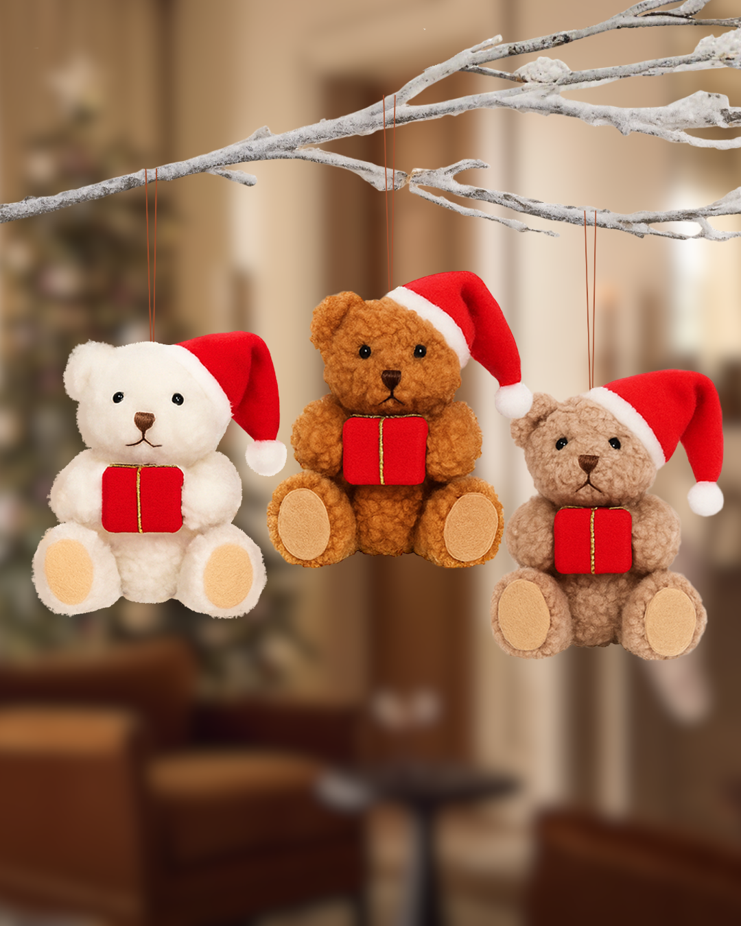 Plush Teddy Bear Christmas Ornament, Beige with Red Gift and Santa Hat