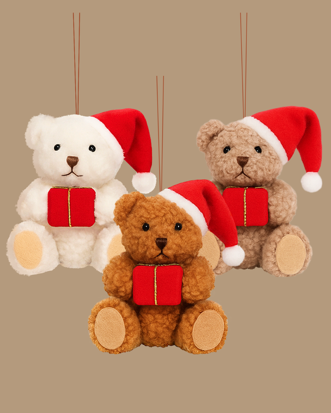 Plush Teddy Bear Christmas Ornament, Beige with Red Gift and Santa Hat