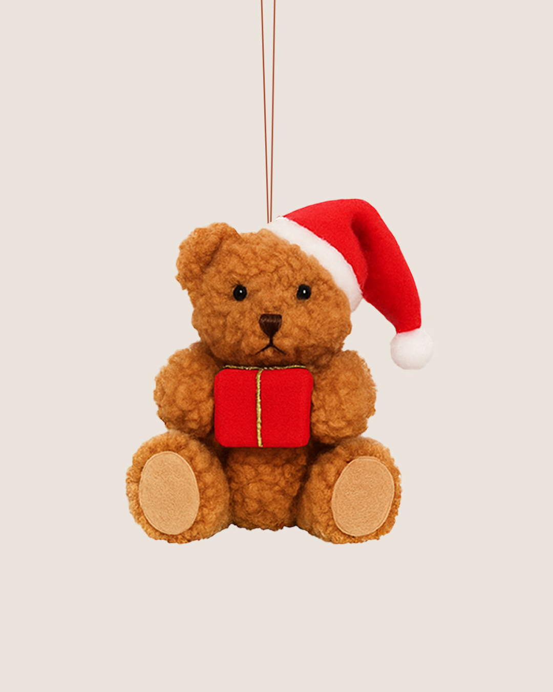 Plush Teddy Bear Christmas Ornament, Beige with Red Gift and Santa Hat