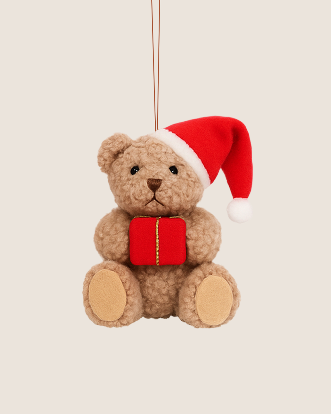 Plush Teddy Bear Christmas Ornament, Beige with Red Gift and Santa Hat