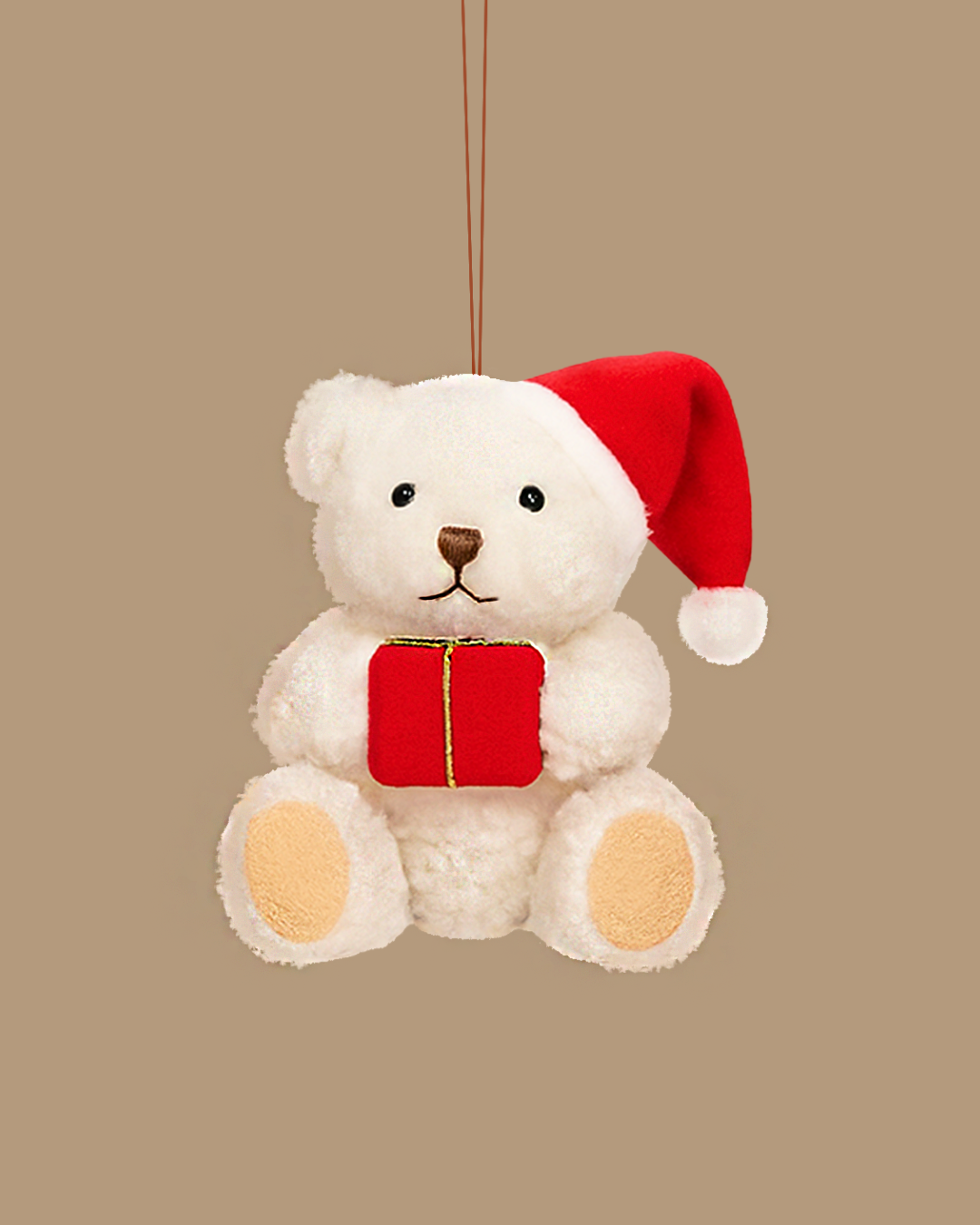 Plush Teddy Bear Christmas Ornament, Beige with Red Gift and Santa Hat