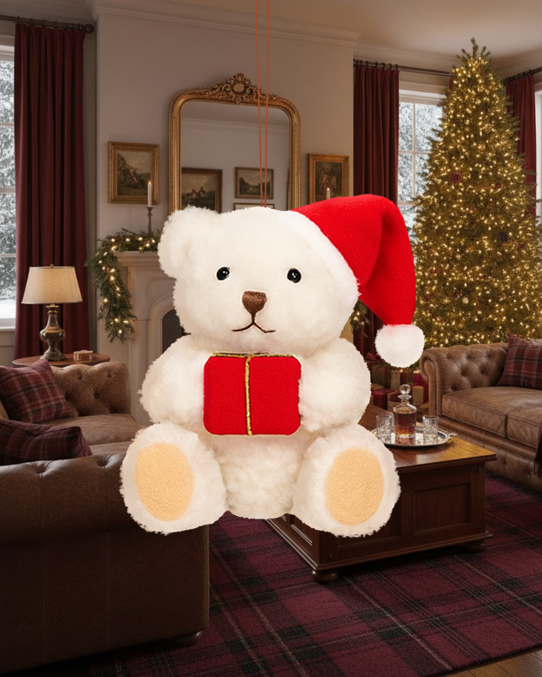 Plush Teddy Bear Christmas Ornament, Beige with Red Gift and Santa Hat