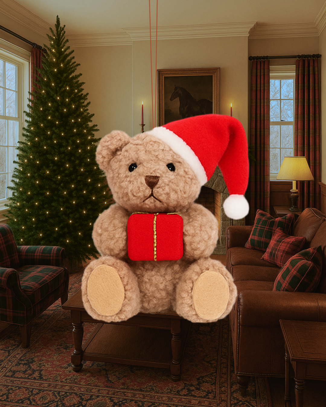 Plush Teddy Bear Christmas Ornament, Beige with Red Gift and Santa Hat