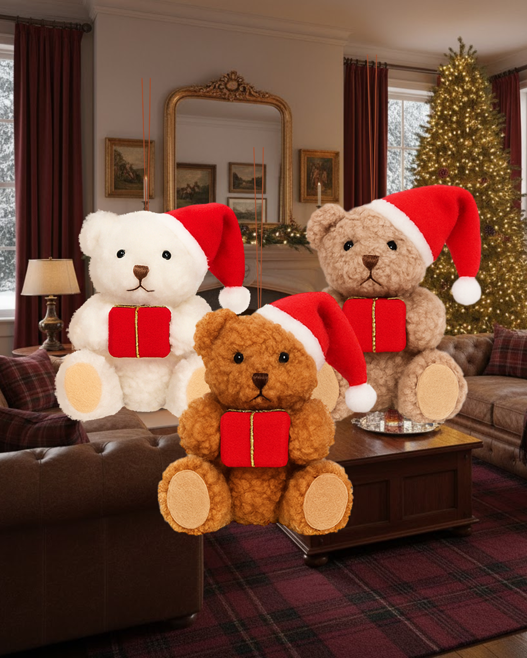 Plush Teddy Bear Christmas Ornament, Beige with Red Gift and Santa Hat