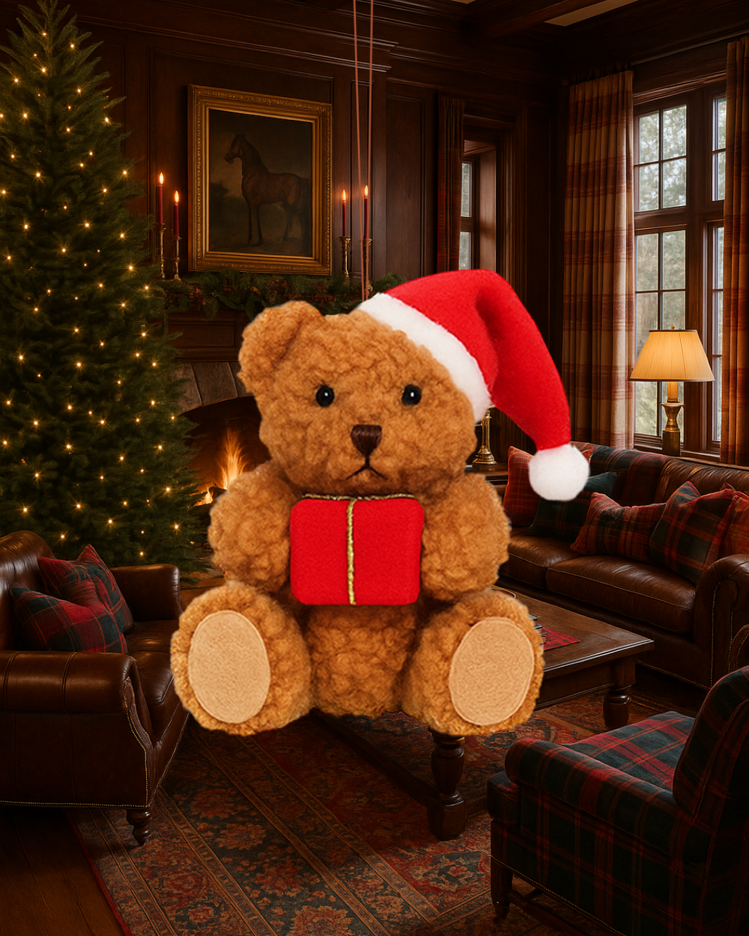 Plush Teddy Bear Christmas Ornament, Beige with Red Gift and Santa Hat
