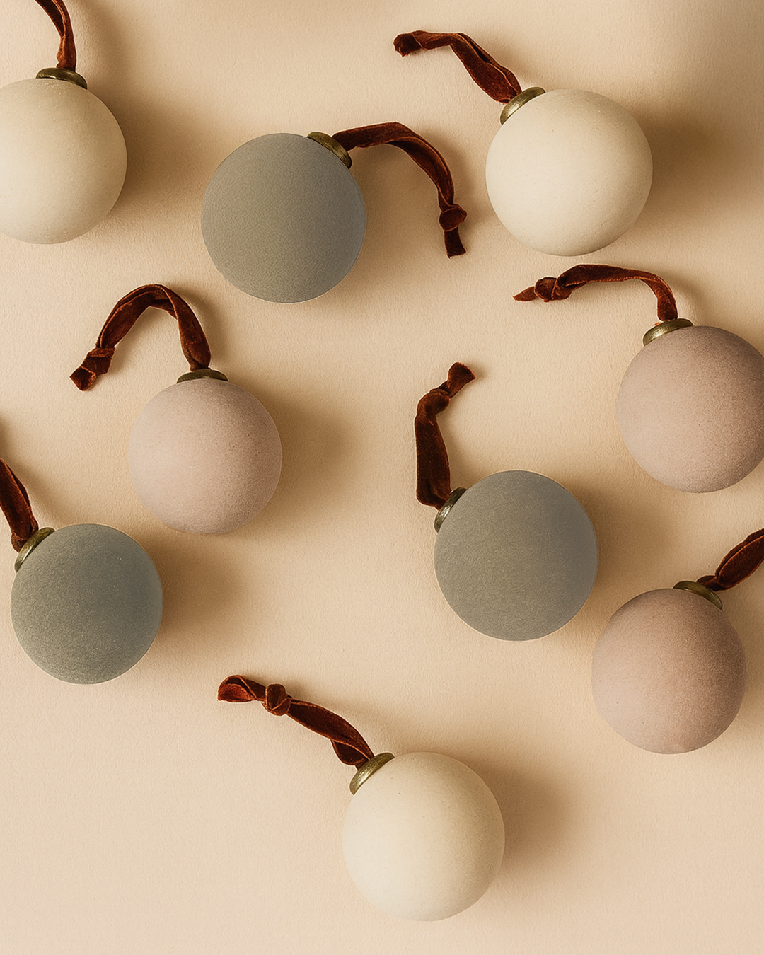 Flocked Velvet Christmas Ball Ornaments in Neutral Tones (Set of 9)