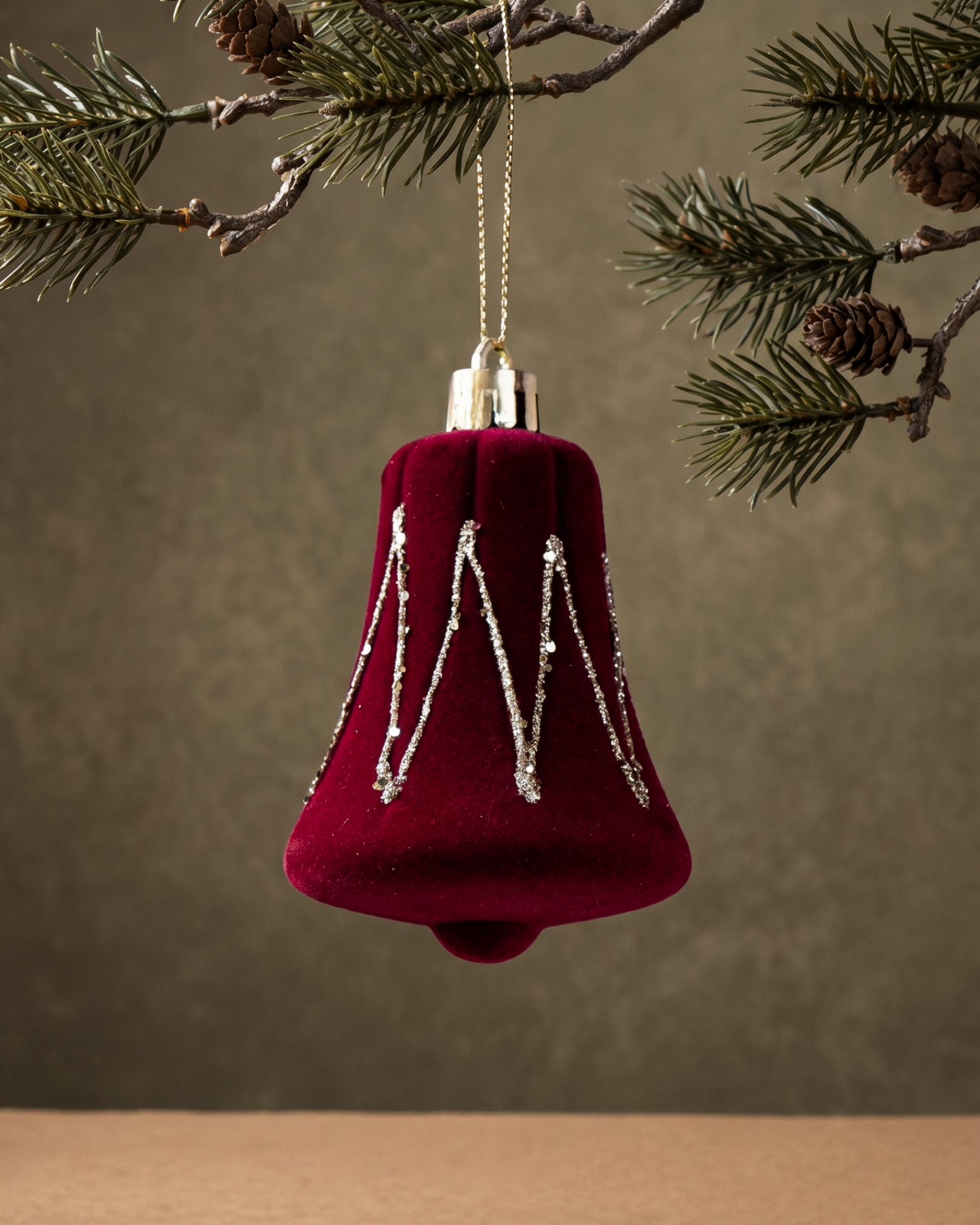 Deep Red Velvet Bell & Floral Wreath Ornament Set