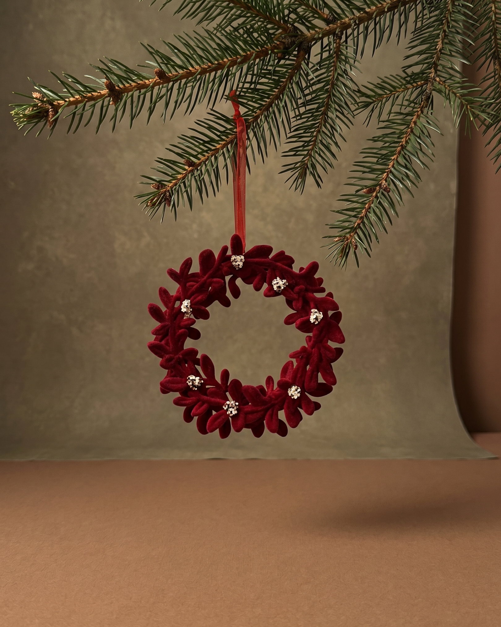 Deep Red Velvet Bell & Floral Wreath Ornament Set