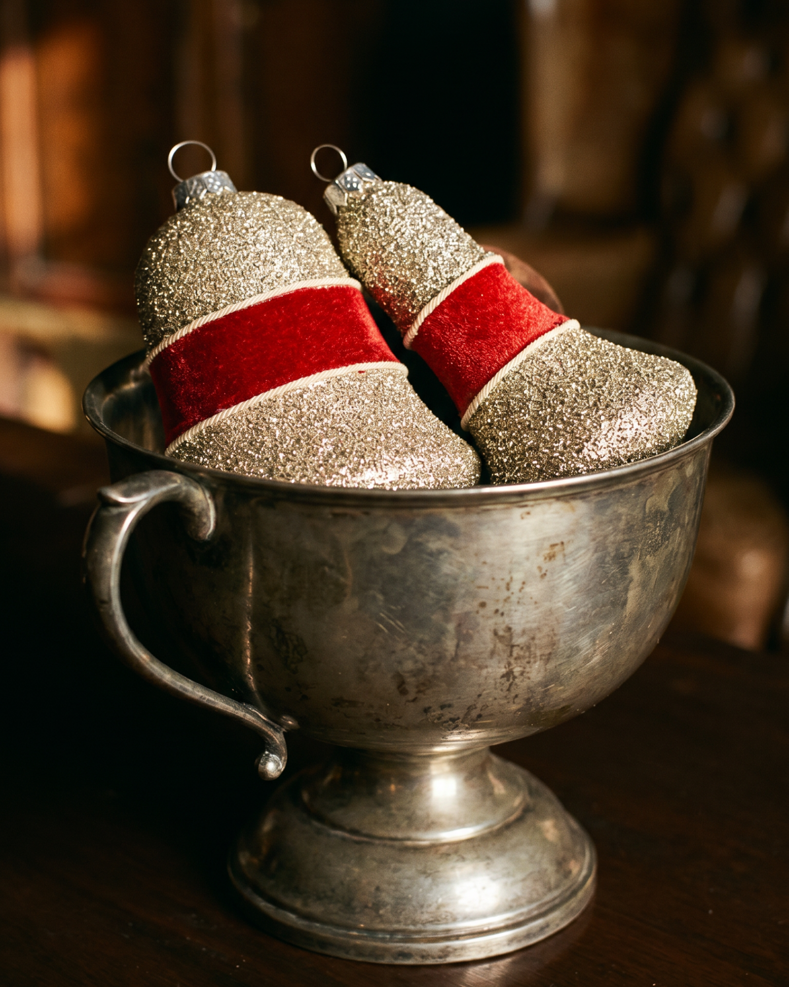 Burgundy Velvet and Glitter Bell Ornaments