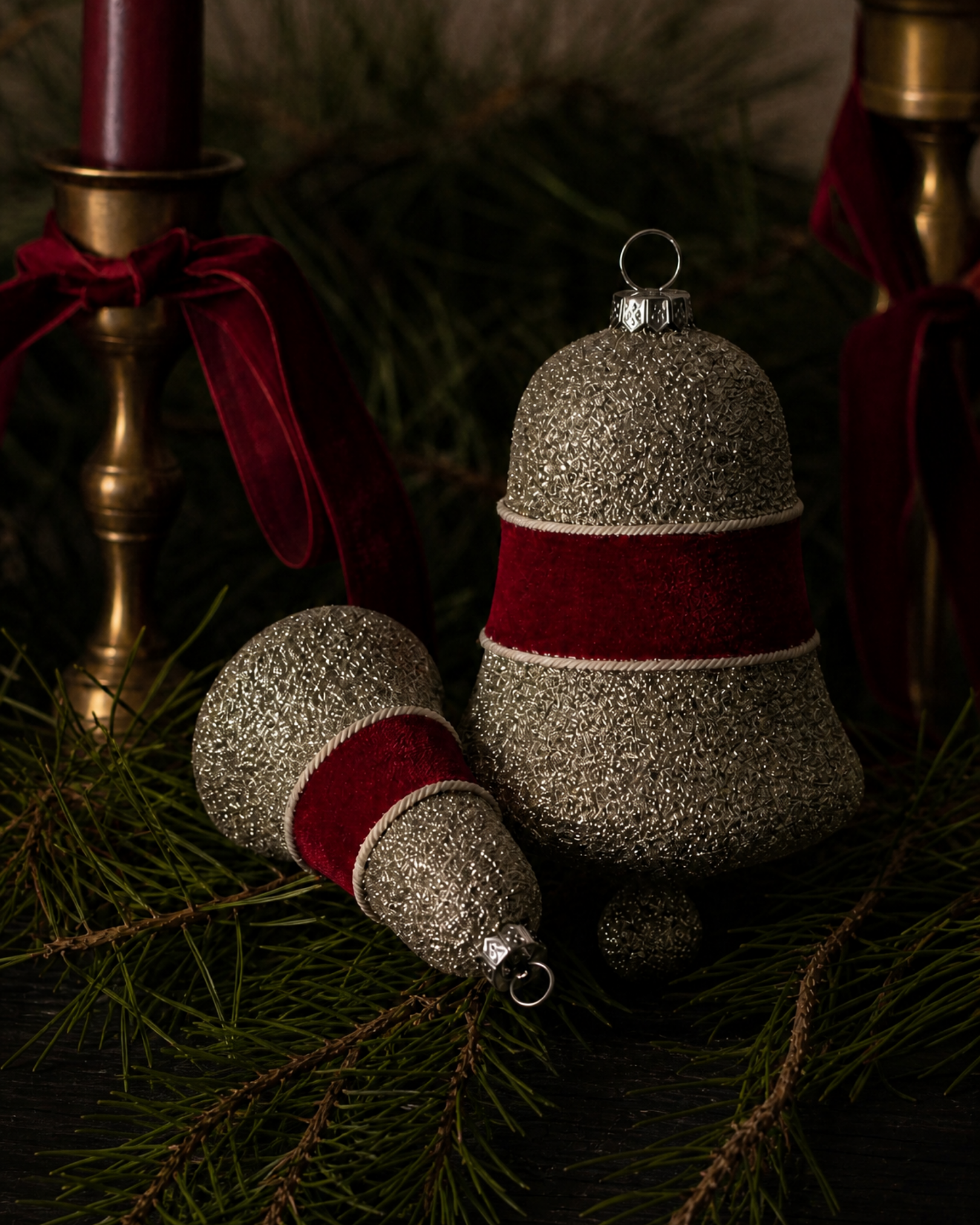 Burgundy Velvet and Glitter Bell Ornaments