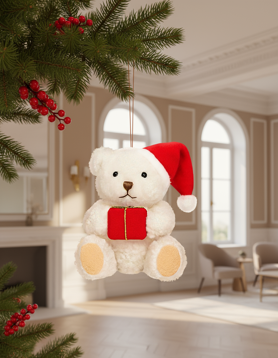 Plush Teddy Bear Christmas Ornament, Beige with Red Gift and Santa Hat
