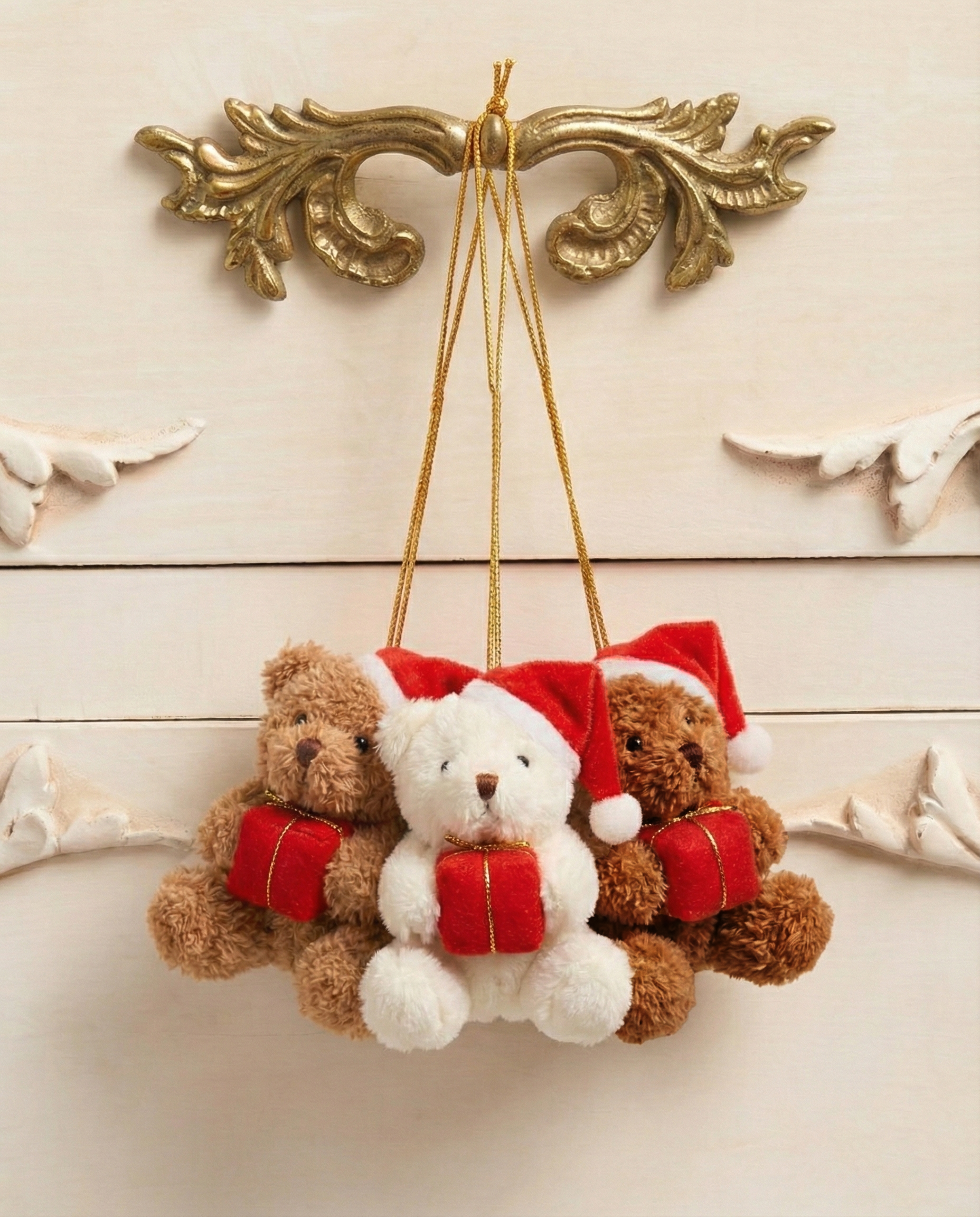 Plush Teddy Bear Christmas Ornament, Beige with Red Gift and Santa Hat