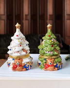 Vintage Ceramic Christmas Tree Trinket Box, Holiday Teddy Bear