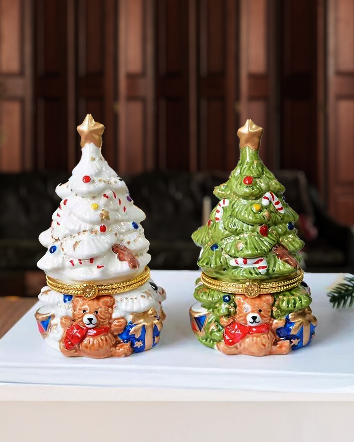 Vintage Ceramic Christmas Tree Trinket Box, Holiday Teddy Bear