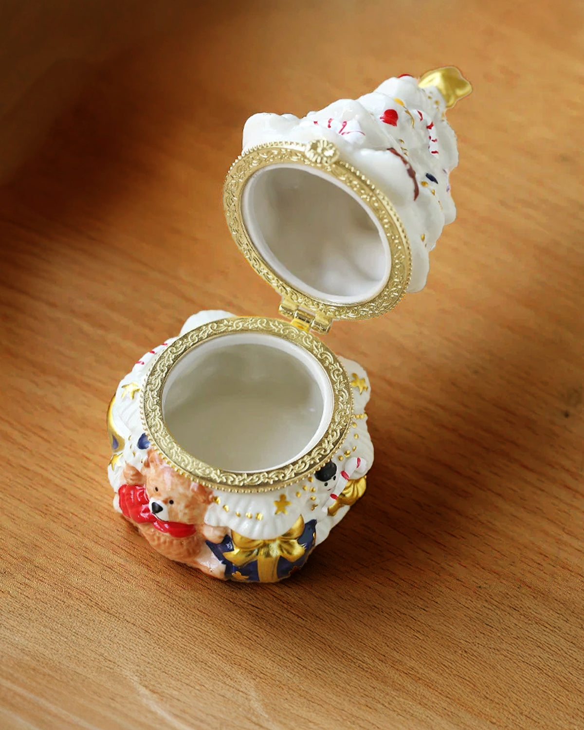 Vintage Ceramic Christmas Tree Trinket Box, Holiday Teddy Bear