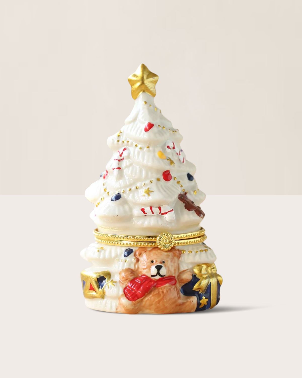 Vintage Ceramic Christmas Tree Trinket Box, Holiday Teddy Bear