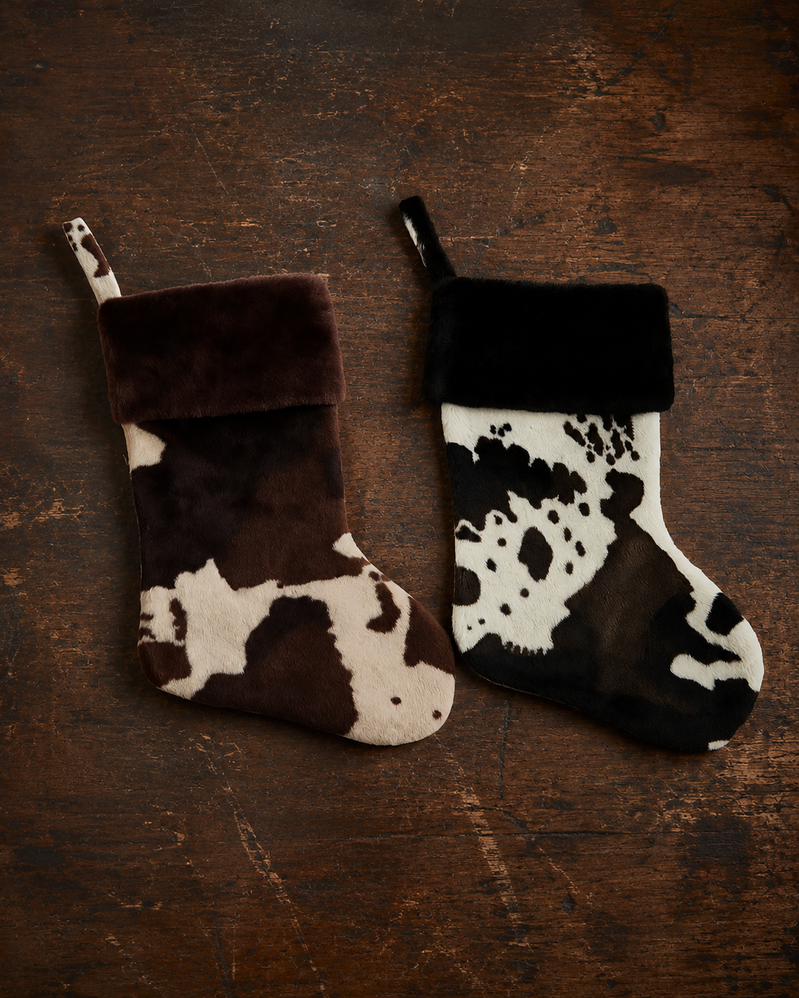 Plush Cow Print Christmas Stocking with Fur Cuff – Western Christmas Decor, Farmhouse Holiday Mantel Stocking, Modern Rustic Christmas