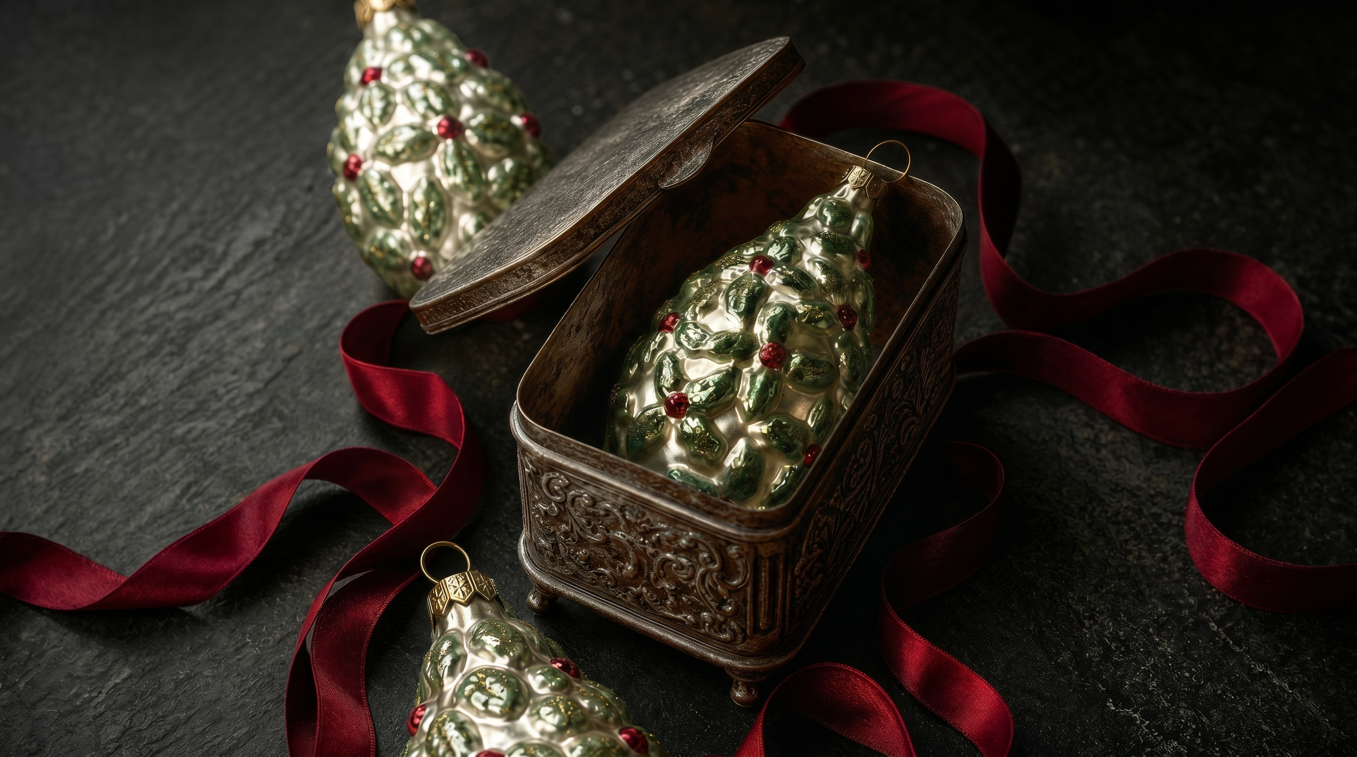 Three metallic Christmas tree ornaments with red berry accents are arranged on a dark surface, with one ornament resting inside an ornate metal box and red ribbon draped around it.