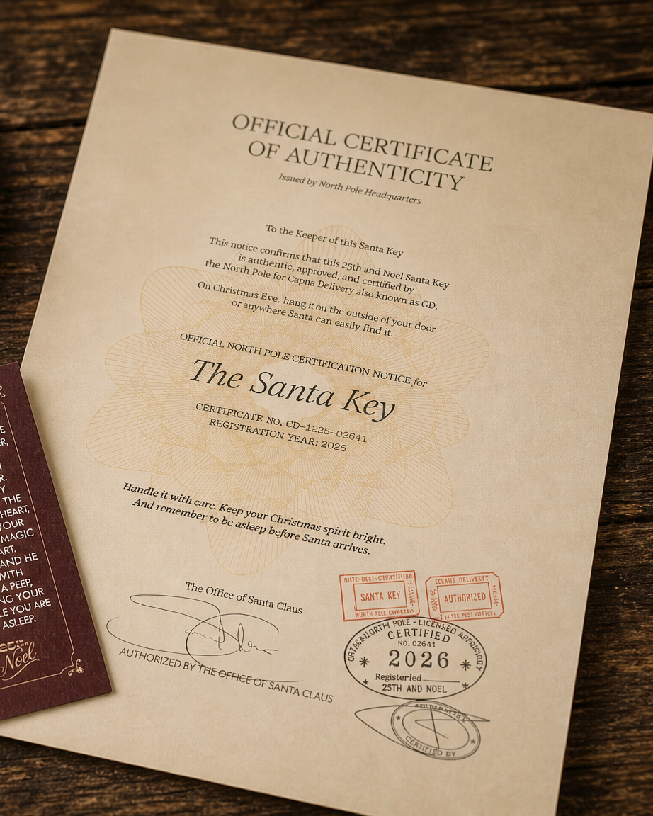 A decorative antique-style metal key with a red tassel and tag lies on a wooden surface beside an off-white certificate and a red box.
