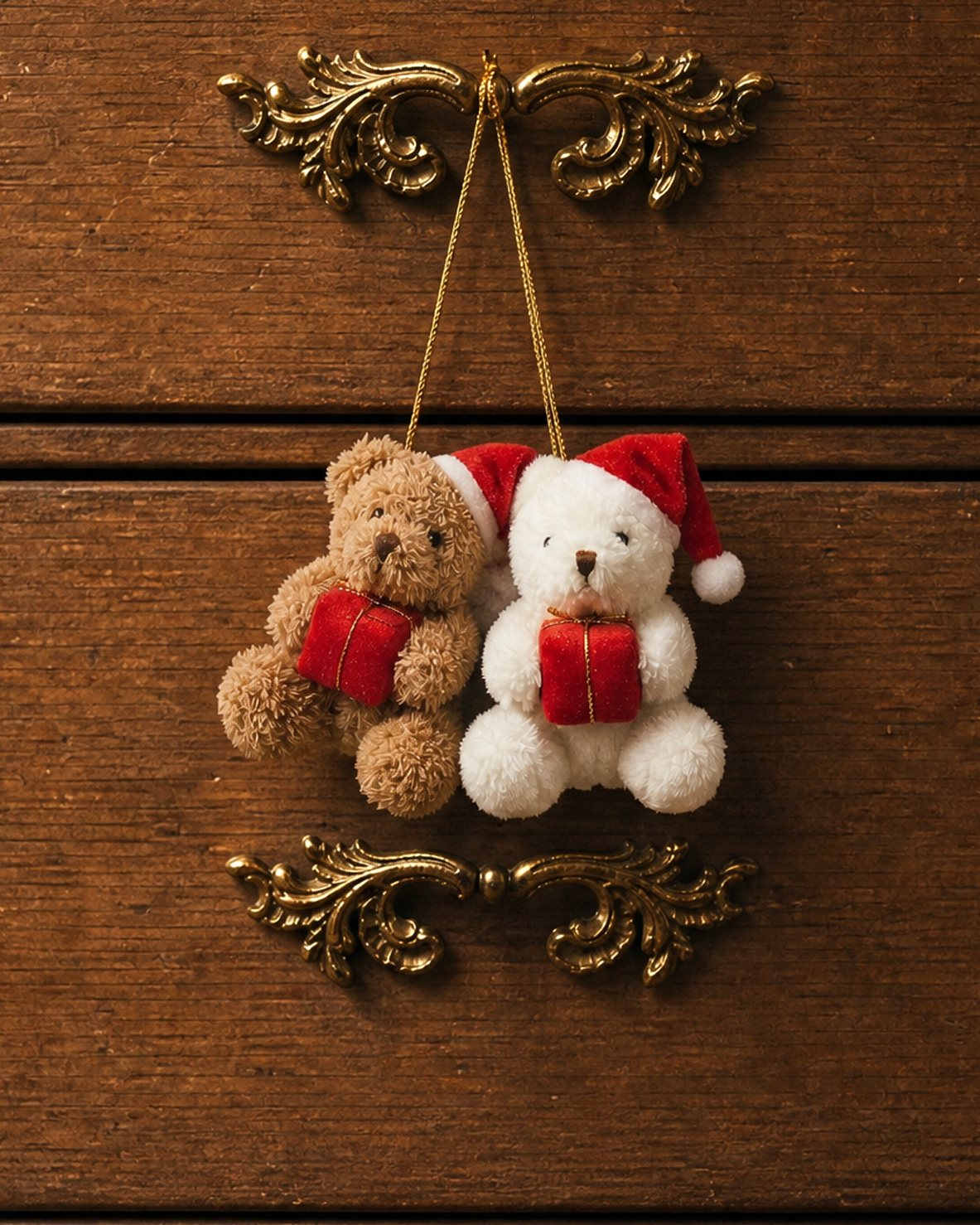 Two small teddy bear ornaments hanging from a brass handle on a dark brown wooden chest. One bear is brown with a red Santa hat and red scarf, and the other is white with a red Santa hat and red scarf.