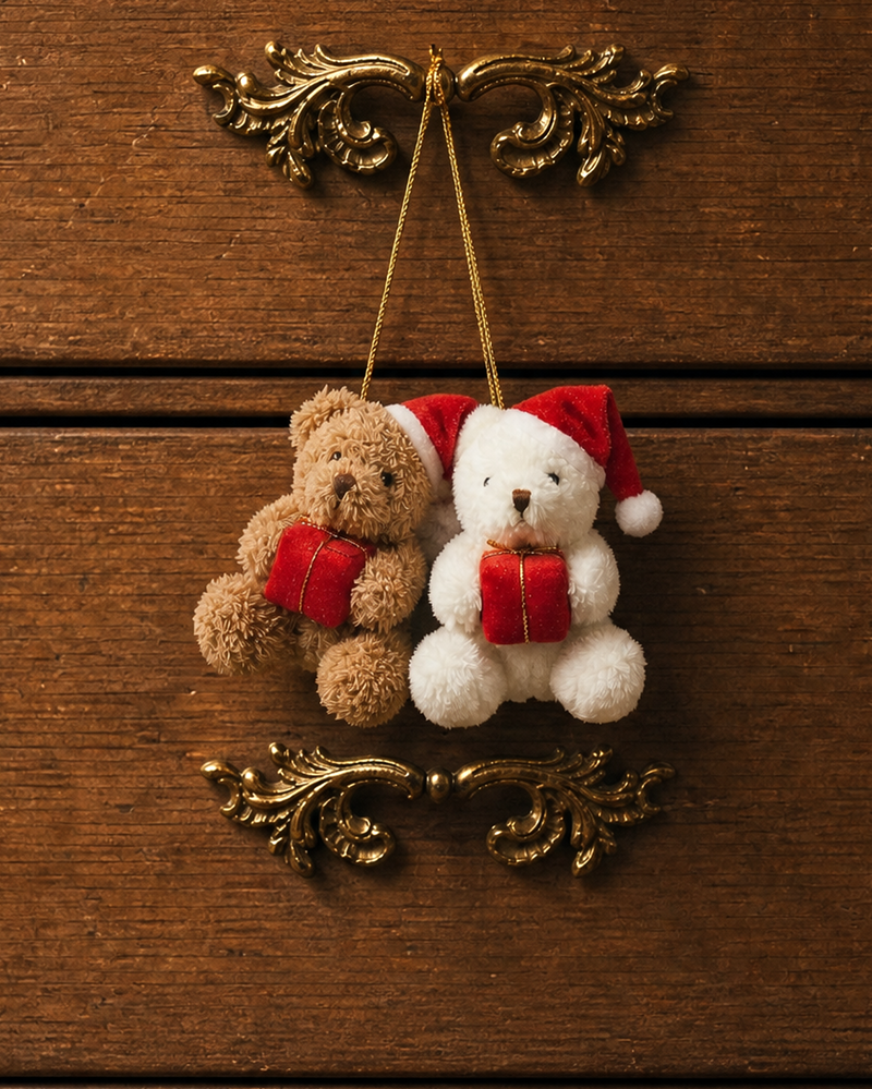Two small teddy bear ornaments hanging from a brass handle on a dark brown wooden chest. One bear is brown with a red Santa hat and red scarf, and the other is white with a red Santa hat and red scarf.