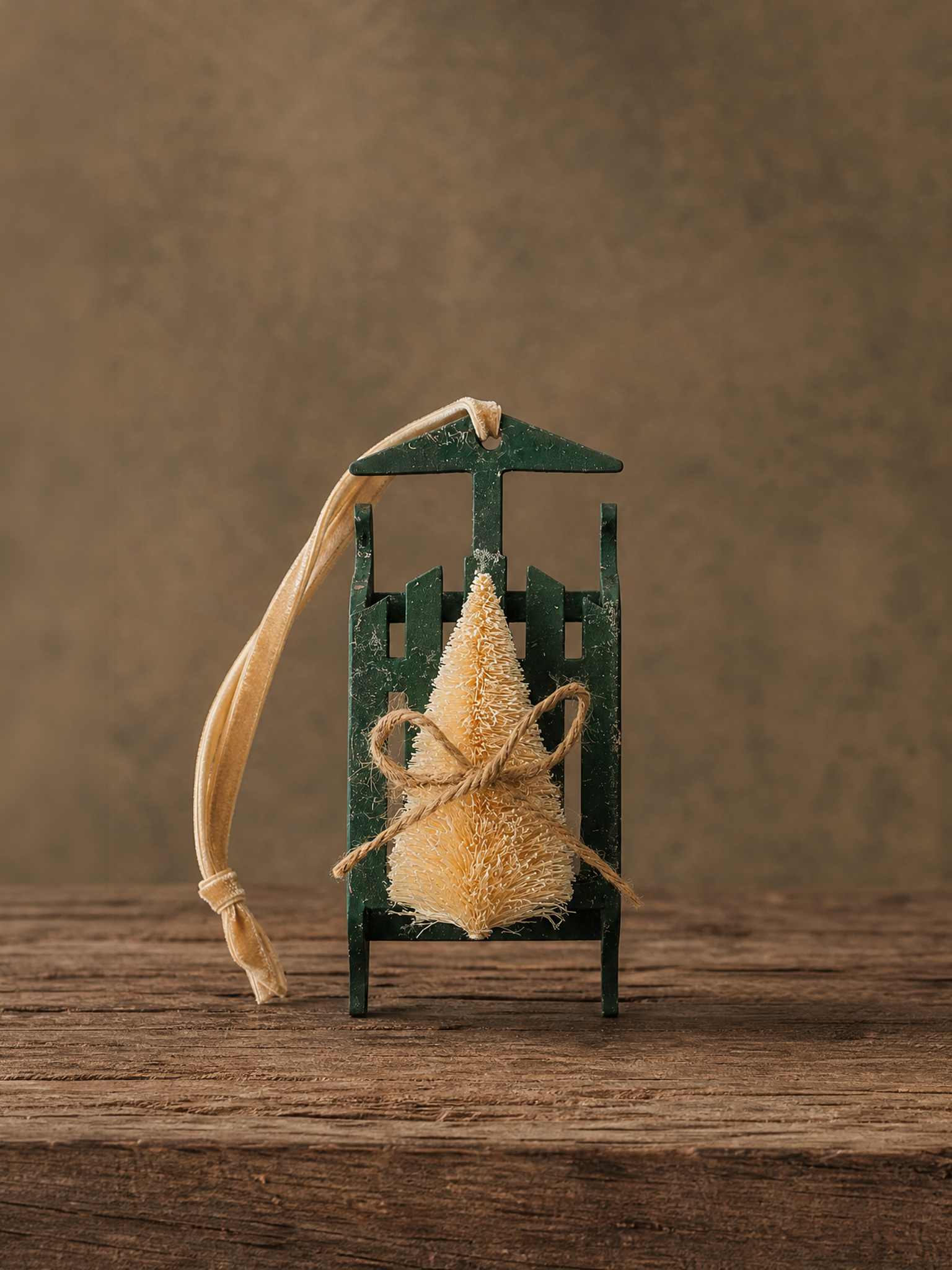 Vaulted: Wood Sled with Bottlebrush Christmas Tree Ornament