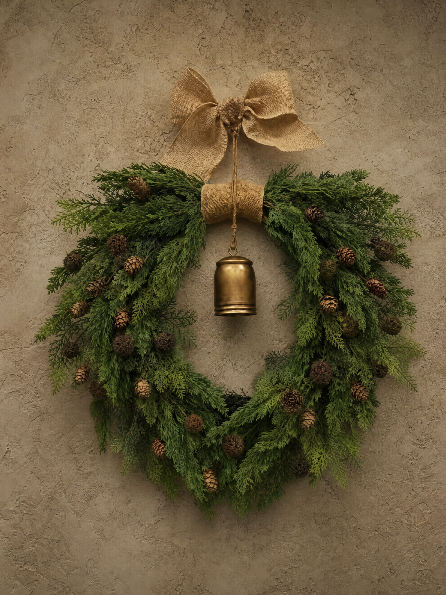 20" x 15" Rustic Christmas Wreath with Bell & Burlap Bow – Holiday Door Decor