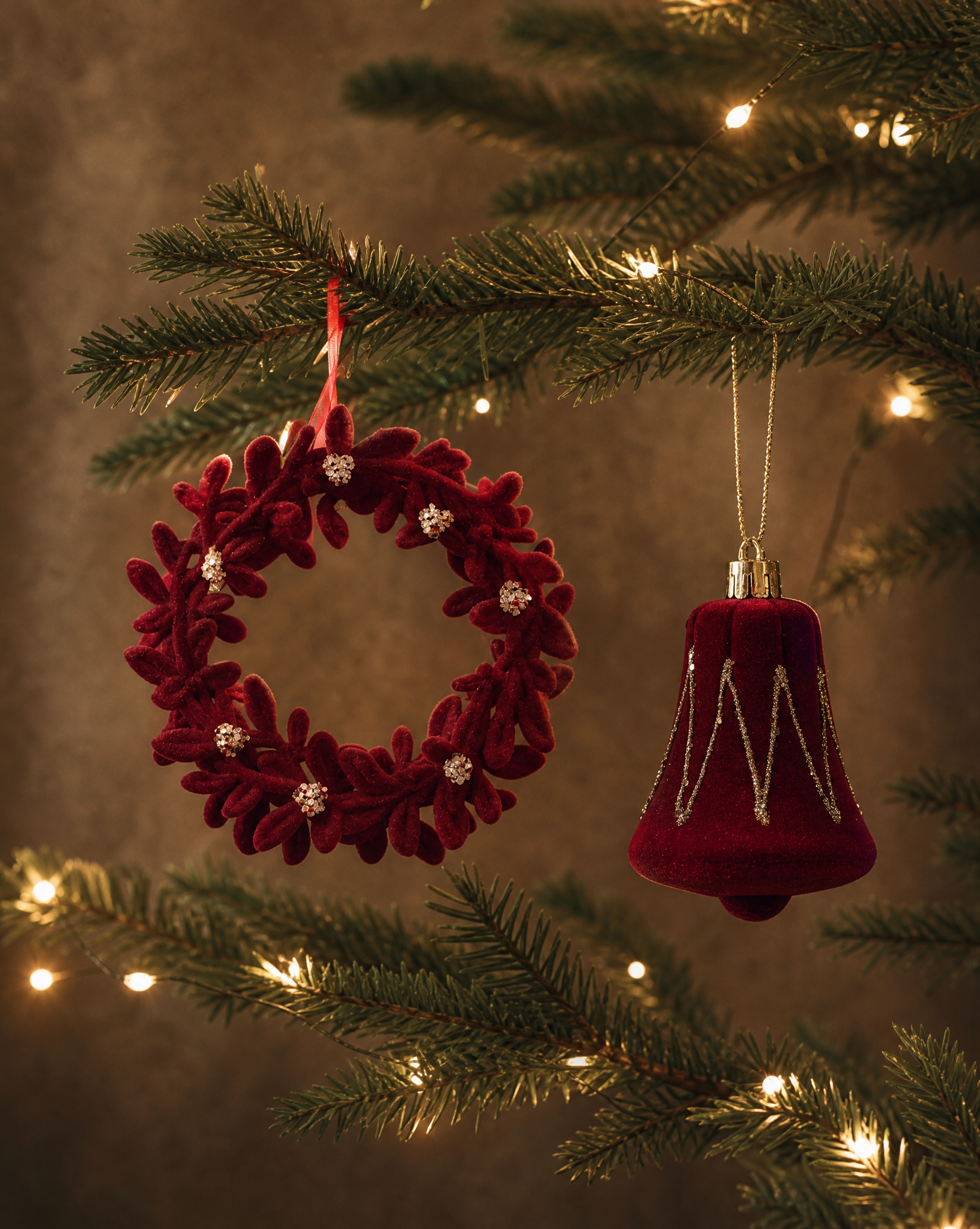 Deep Red Velvet Bell & Floral Wreath Ornament Set