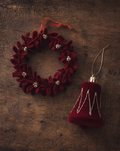 Deep Red Velvet Bell & Floral Wreath Ornament Set