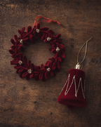 Deep Red Velvet Bell & Floral Wreath Ornament Set