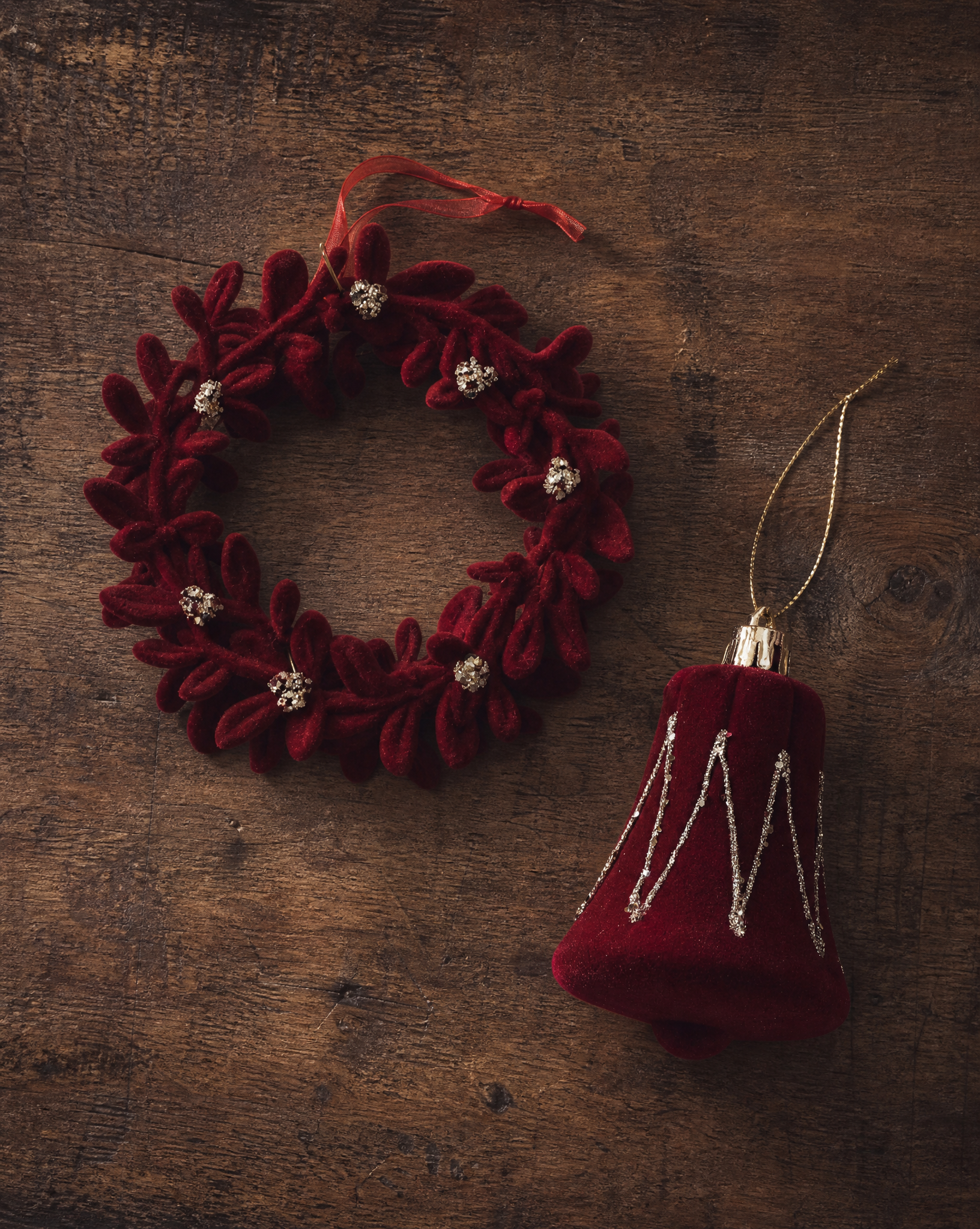 Deep Red Velvet Bell & Floral Wreath Ornament Set