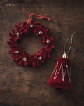 Deep Red Velvet Bell & Floral Wreath Ornament Set