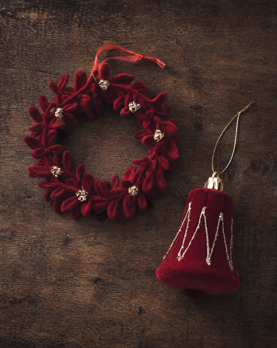 Deep Red Velvet Bell & Floral Wreath Ornament Set