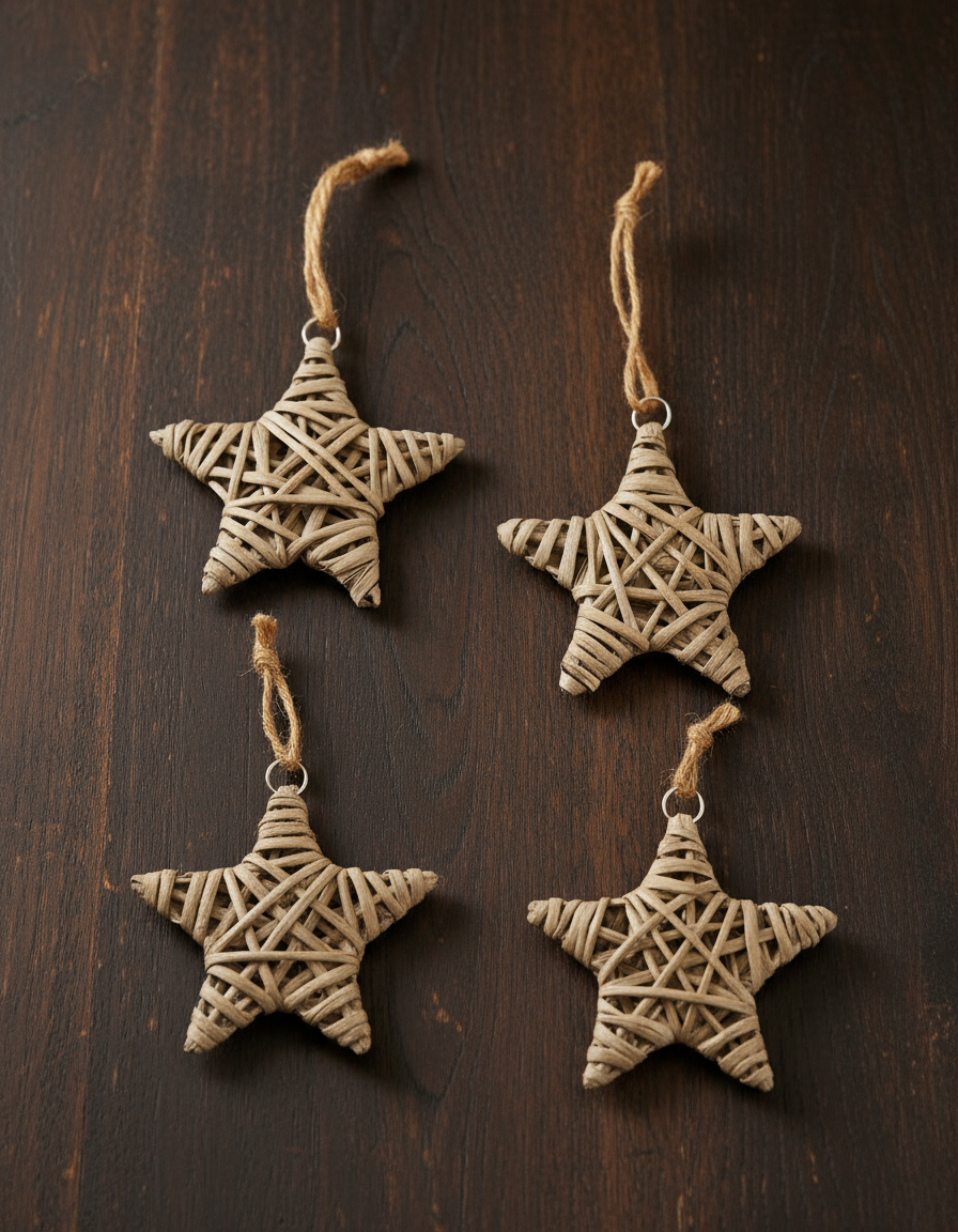 Ralph Lauren Inspired Woven Star Ornament SET OF 4, Wood Rattan Christmas, Natural, Scandinavian, Modern Classic