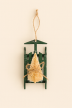 6” Wood Sleigh with Bottlebrush Christmas Tree Ornament Vintage Green Wooden Sled Ornament – Bottle Brush Tree Decor