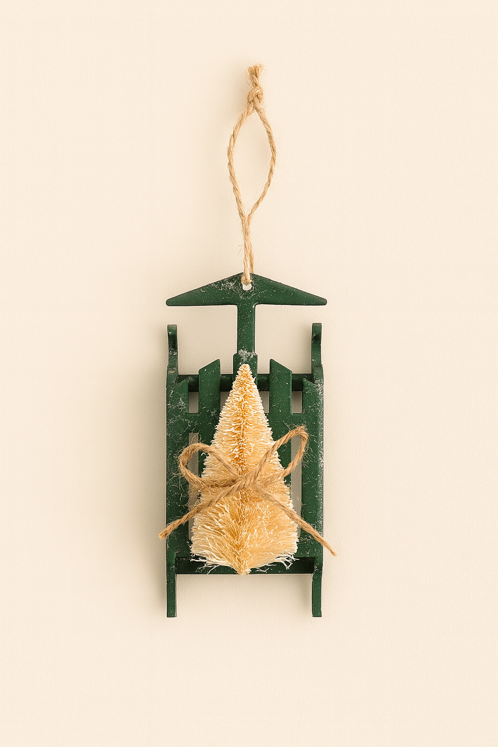 6” Wood Sleigh with Bottlebrush Christmas Tree Ornament Vintage Green Wooden Sled Ornament – Bottle Brush Tree Decor