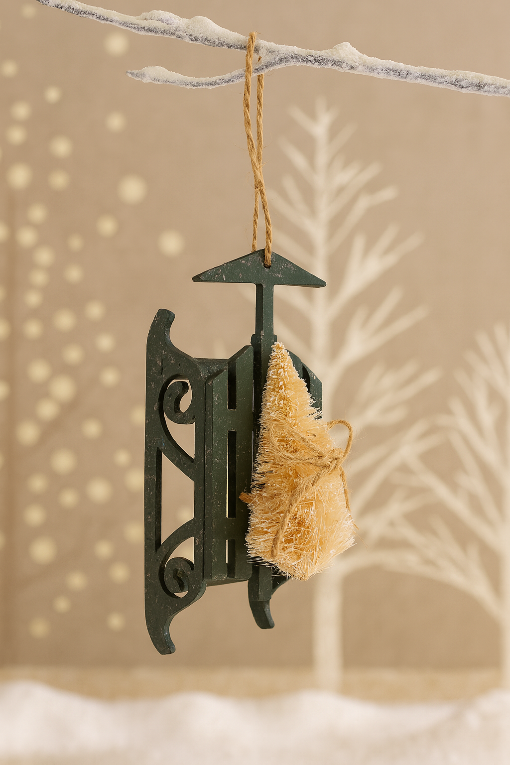 6” Wood Sleigh with Bottlebrush Christmas Tree Ornament Vintage Green Wooden Sled Ornament – Bottle Brush Tree Decor