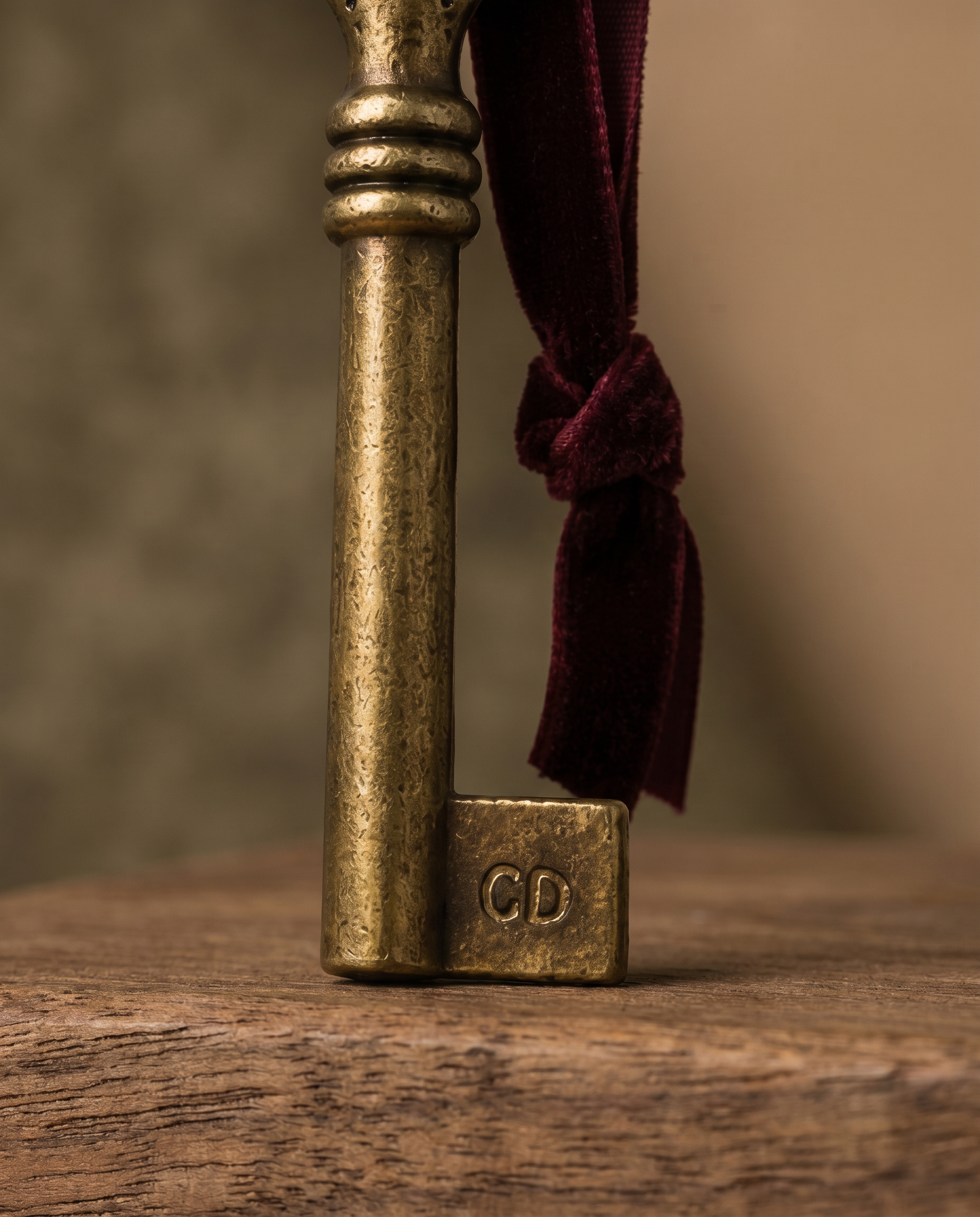 An antique-style brass key with a dark burgundy velvet ribbon tied to its shank, resting on a rustic wooden surface against a warm, blurred background. The key features the monogram initials 'CD' on its bow. Magic Santa Key "Claus Delivery" Engraving