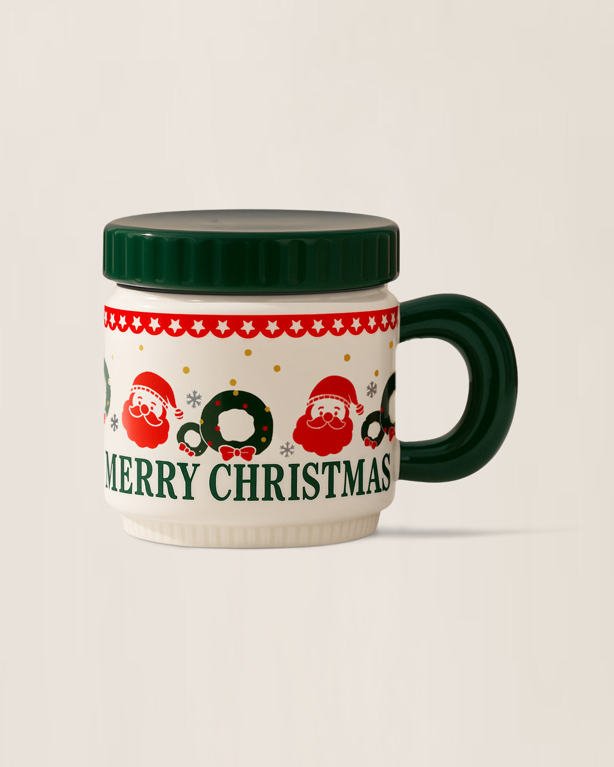 Handmade Big Ceramic Christmas Hot Cocoa Glazed Mug with Lid, Retro Holiday Decor, Coffee Cup Set