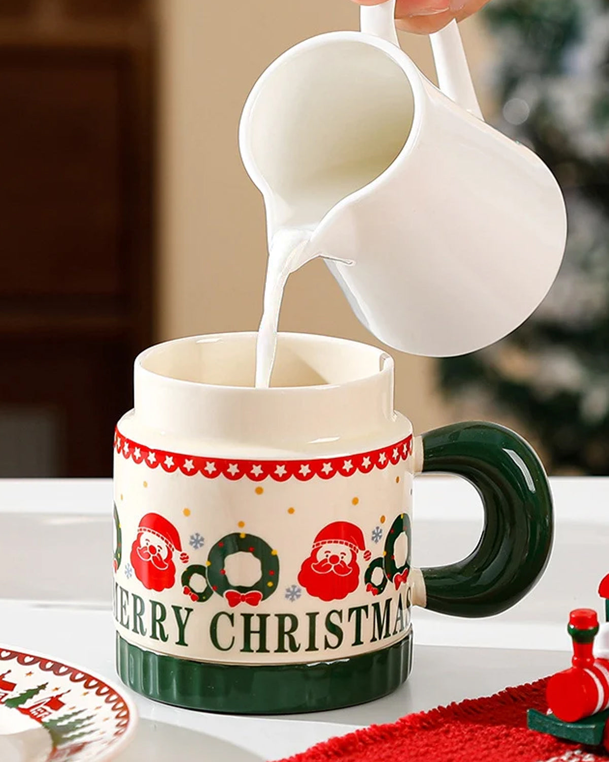Handmade Big Ceramic Christmas Hot Cocoa Glazed Mug with Lid, Retro Holiday Decor, Coffee Cup Set