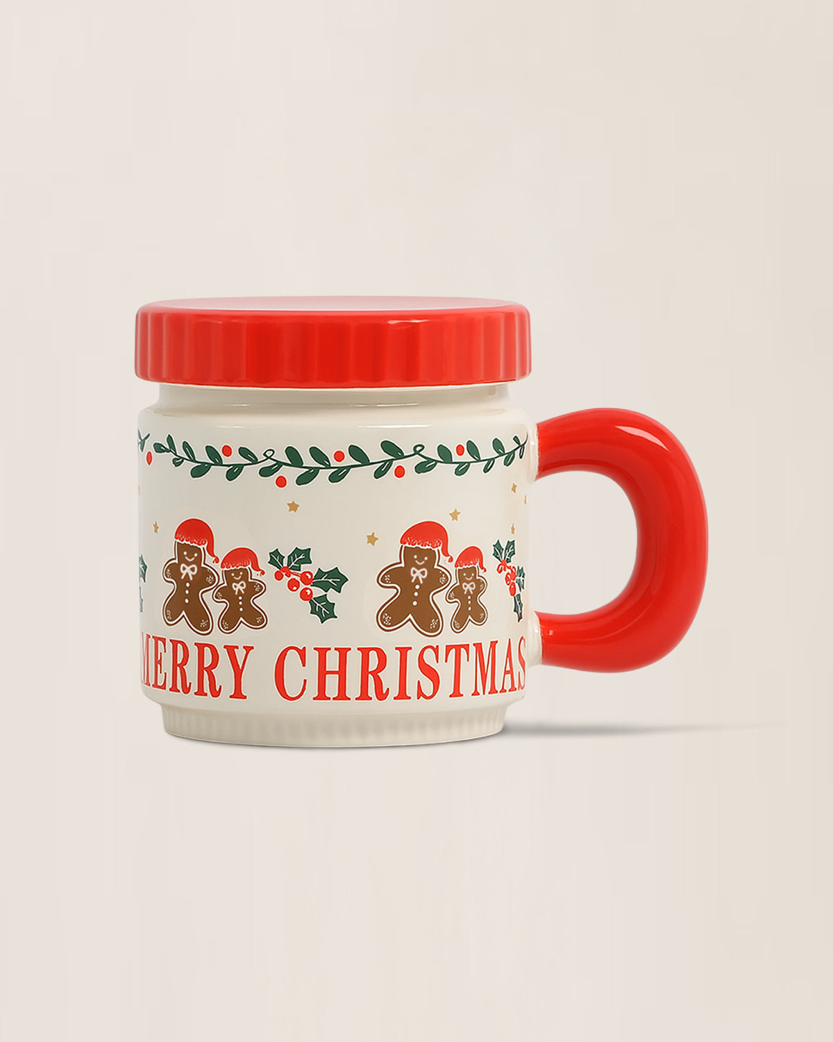Vintage Gingerbread Christmas Mug With Lid - Ivory and Red