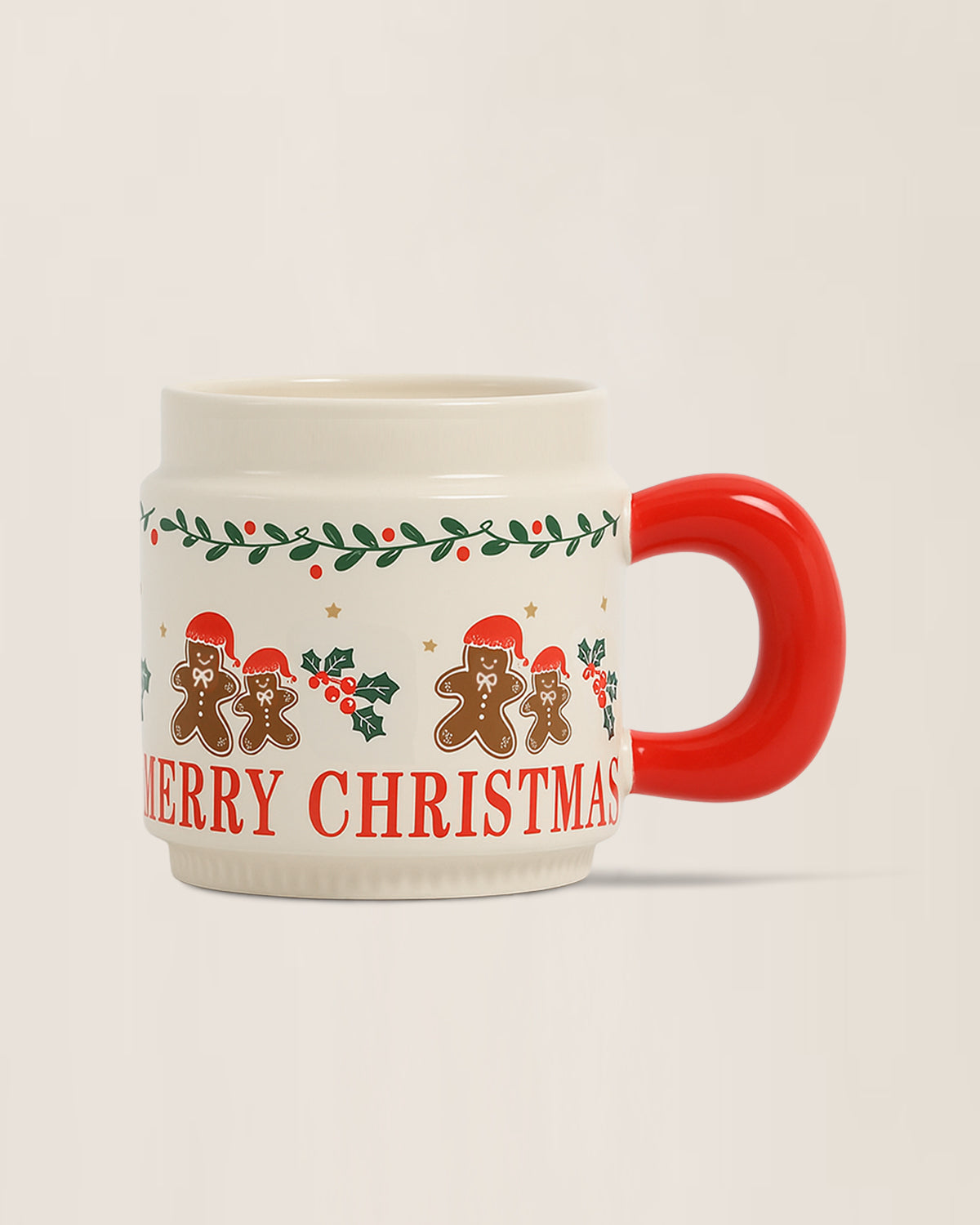 Vintage Gingerbread Christmas Mug With Lid - Ivory and Red