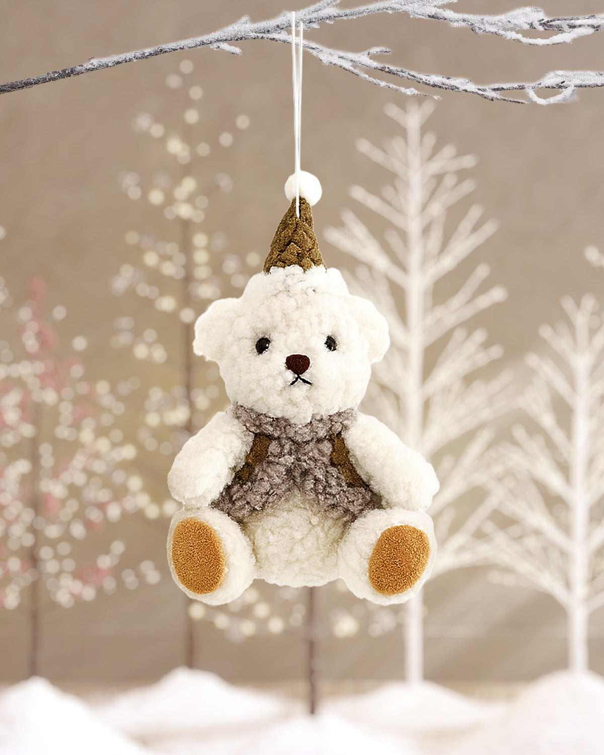 Plush Teddy Bear Christmas Ornament with Brown Hat and Vest