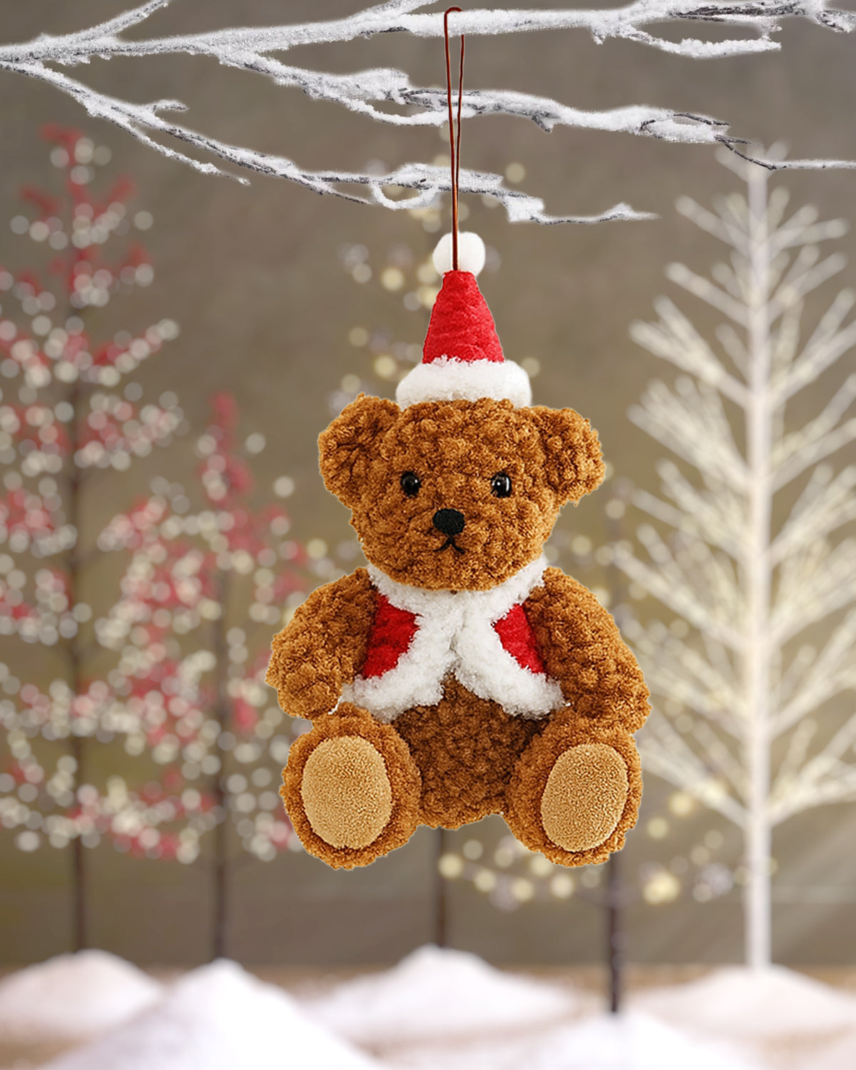 Plush Teddy Bear Christmas Ornament with Red Hat and Vest