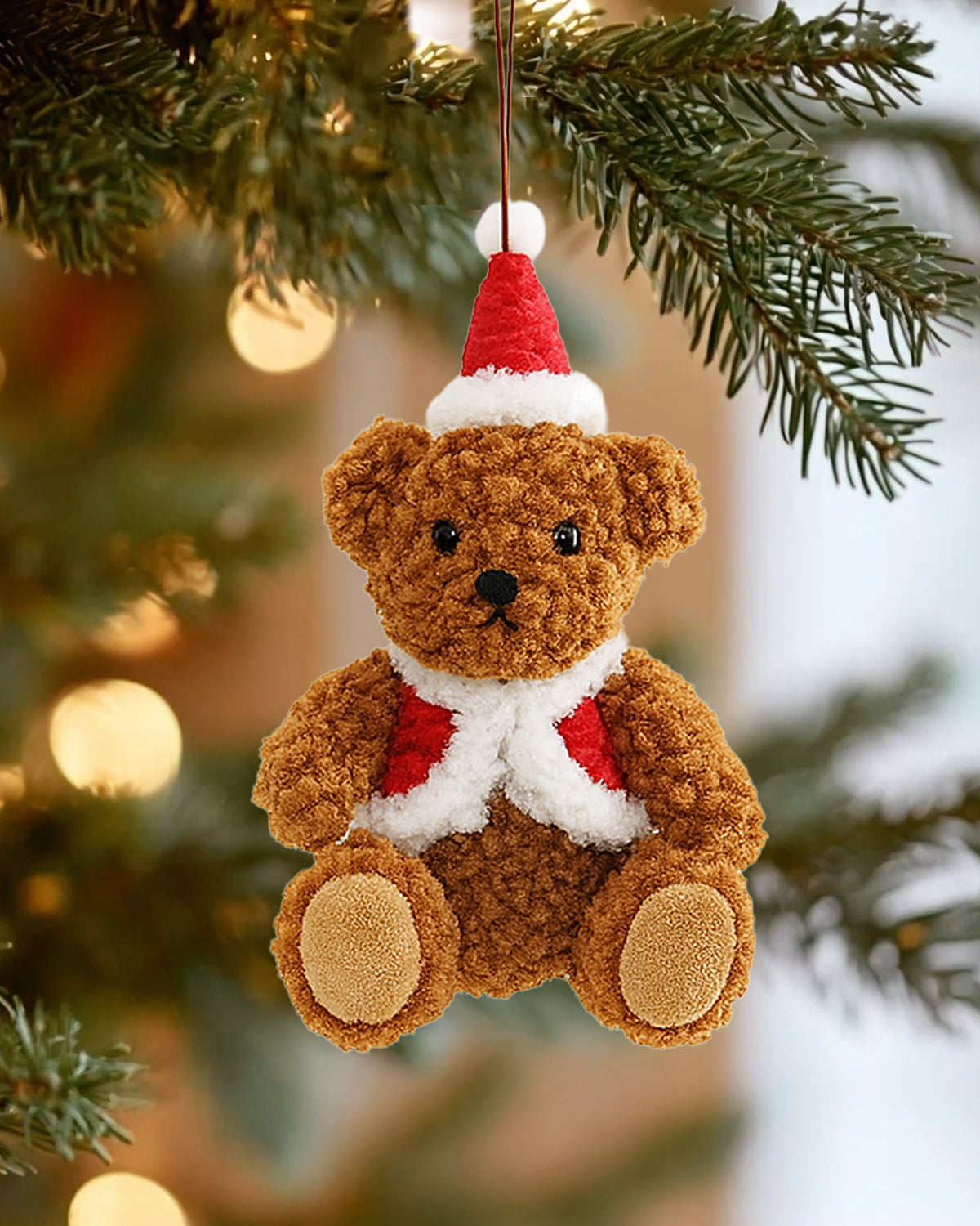 Plush Teddy Bear Christmas Ornament with Red Hat and Vest