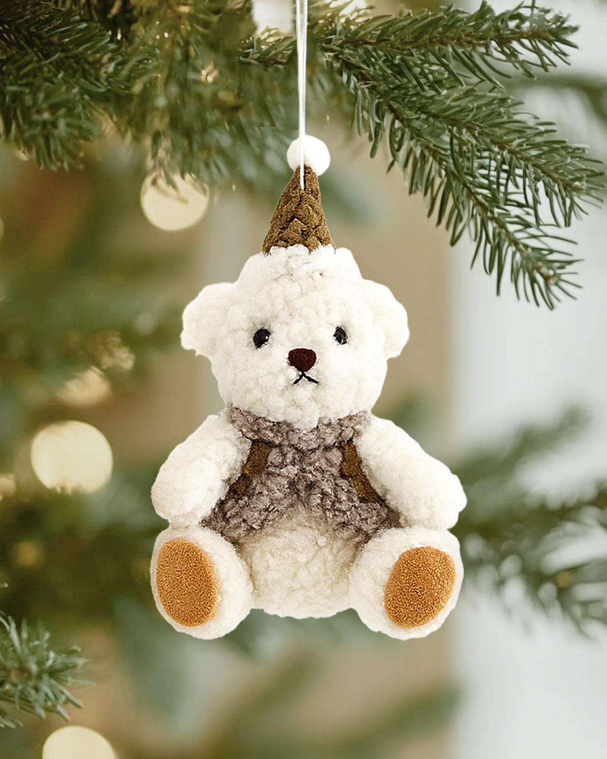 Plush Teddy Bear Christmas Ornament with Brown Hat and Vest