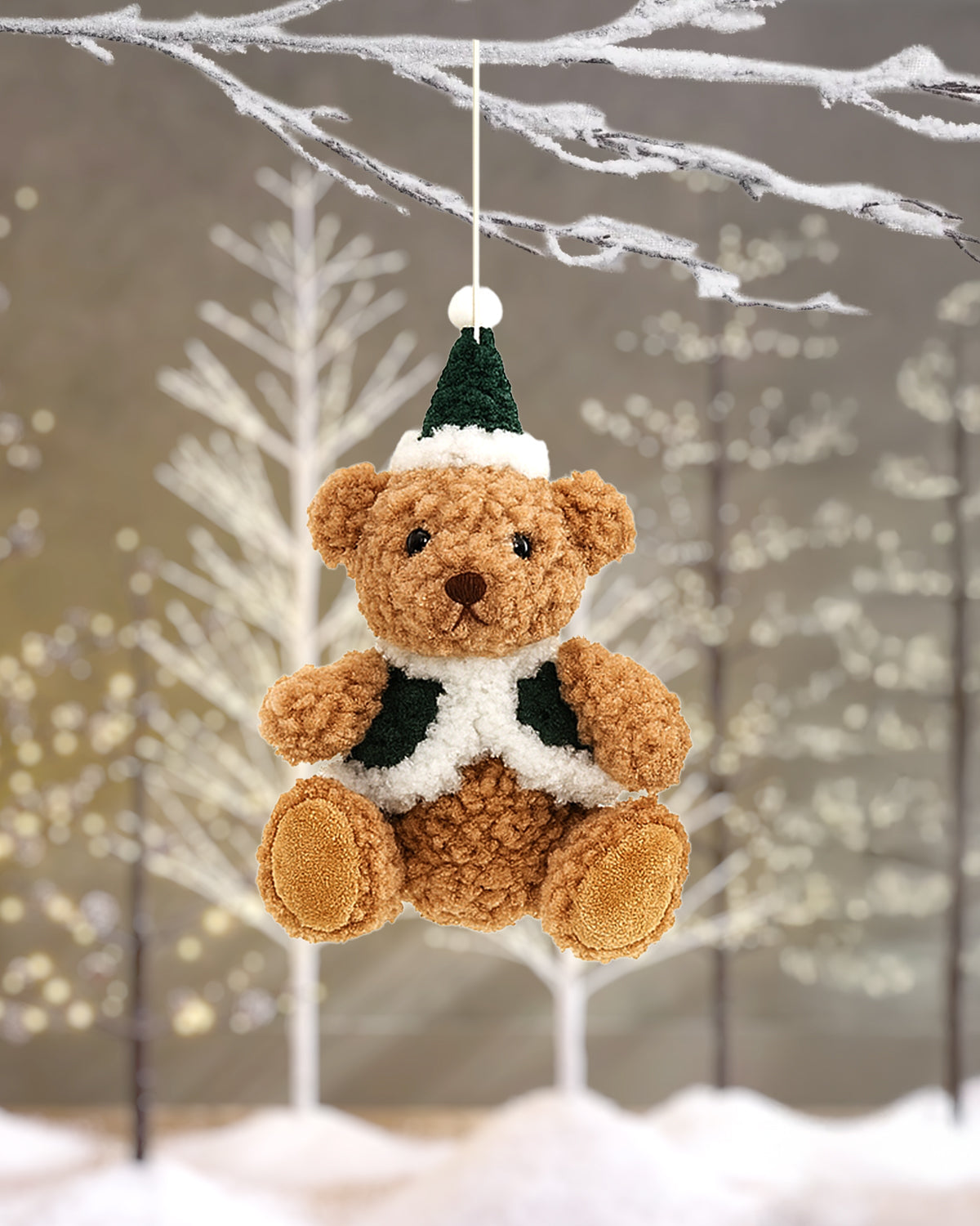 Plush Teddy Bear Christmas Ornament with Green Hat and Vest