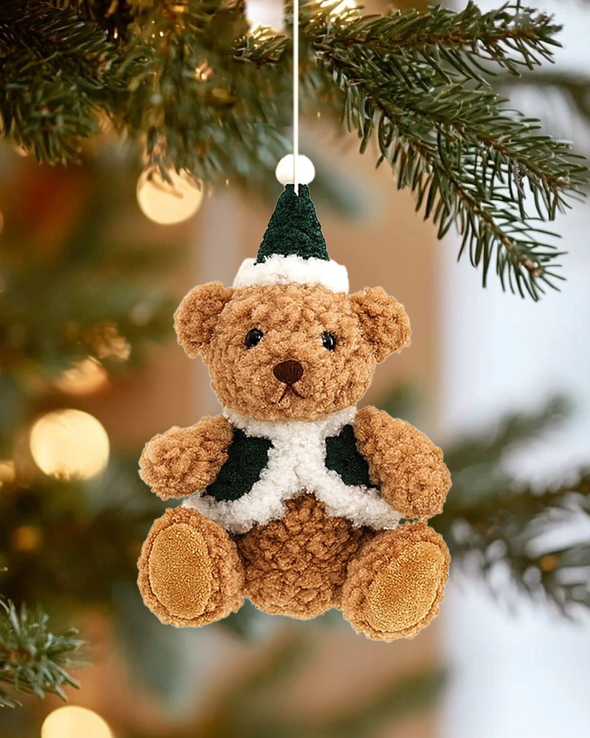 Plush Teddy Bear Christmas Ornament with Green Hat and Vest