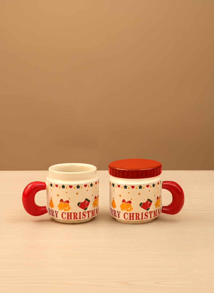 Handmade Big Ceramic Christmas Hot Cocoa Glazed Mug with Lid, Retro Holiday Decor, Coffee Cup Set