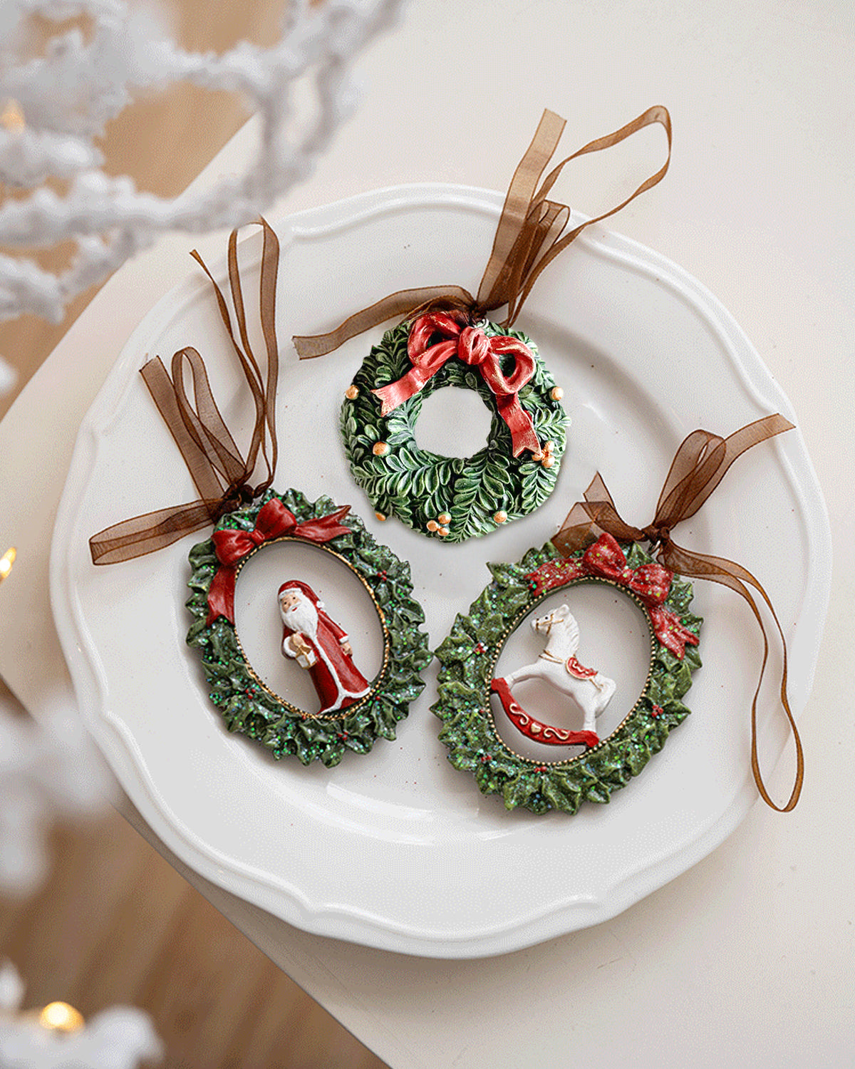 Vintage Rocking Horse Wreath Ornament – Classic Christmas